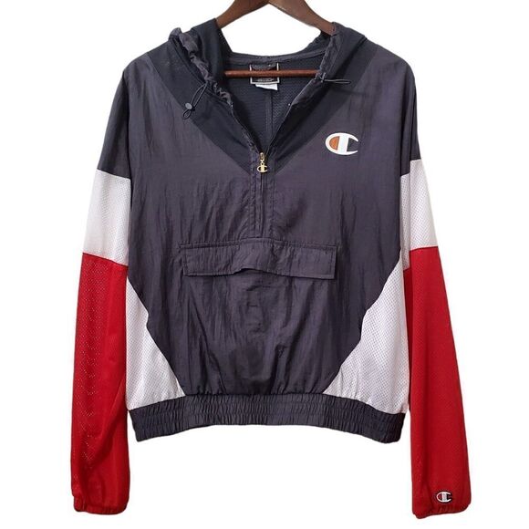 Champion Windbreaker Track Jacket Size L Red Black Retro Kangaroo Pocket Womens - Picture 1 of 10